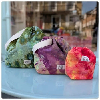 Ice Dyed bags in 3 different colours and sizes from the Josie Rosie Collection at Knit With Me yarn shop