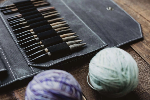 Premium Knitting Needles in a grey case at yarn shop Knit With Me
