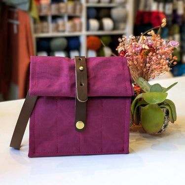 Hide & Hammer | #08 Project Bag | Stylish Storage on the Go, Color: Mulberry + Dark Tan Straps, Roll-top canvas & leather knitting bag with pockets & handle. Knit on the go with adjustable storage, removable straps, and handcrafted UK quality., Knit With