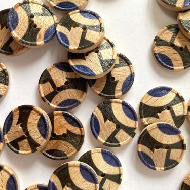 15mm Blue & Dark Green Geometric buttons (J9) made from beech wood with intricate design pattern, ideal for crafting projects.