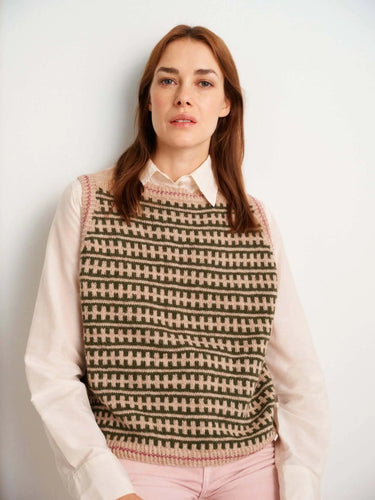Woman wearing a knitted vest from 52 Weeks of Sweaters book, available for pre-order now.