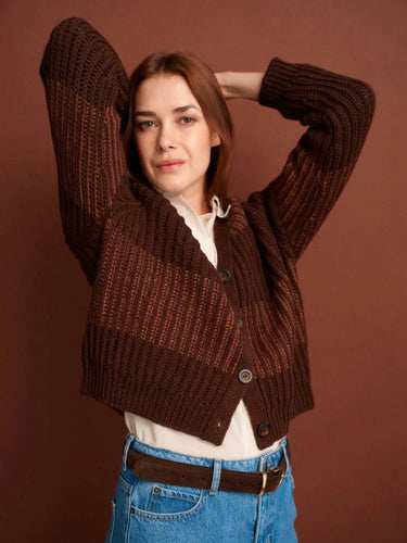 Model wearing a brown knitted sweater from the 52 Weeks of Sweaters pre-order collection