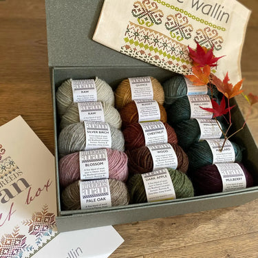 British Breeds Aran Gift Box by Marie Wallin showcasing 12 yarn shades, ideal Knitting Gift, with pattern in a beautifully presented box.