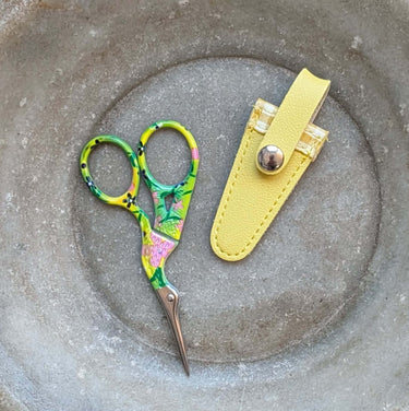 Fox & Pine Colourful Scissors with yellow sheath on gray background