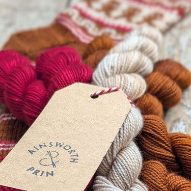 Festive Gift for Knitters: Close-up of yarn and gingerbread man sock kit components.