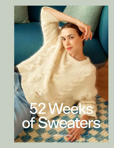 Cover of 52 Weeks of Sweaters knitting book showing a person wearing a knitted sweater, available for pre-order.
