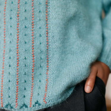 Close-up of sweater with Beaded Colourwork design, showing teal and orange beads on turquoise knit fabric.