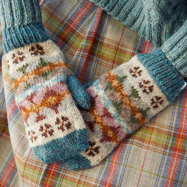Colorful knitted mittens from British Breeds Aran Gift Box by Marie Wallin, ideal Knitting Gift for accessory lovers.