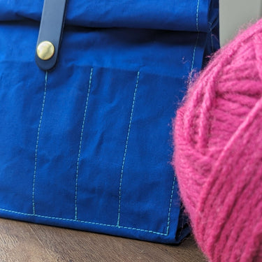 Hide & Hammer | #08 Project Bag | Stylish Storage on the Go, Color: Electric Blue + Electric Blue Straps, Roll-top canvas & leather knitting bag with pockets & handle. Knit on the go with adjustable storage, removable straps, and handcrafted UK quality.,