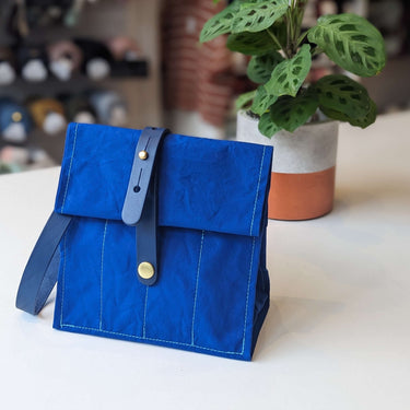 Hide & Hammer | #08 Project Bag | Stylish Storage on the Go, Color: Electric Blue + Electric Blue Straps, Roll-top canvas & leather knitting bag with pockets & handle. Knit on the go with adjustable storage, removable straps, and handcrafted UK quality.,