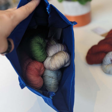 Hide & Hammer | #08 Project Bag | Stylish Storage on the Go, Color: Electric Blue + Electric Blue Straps, Roll-top canvas & leather knitting bag with pockets & handle. Knit on the go with adjustable storage, removable straps, and handcrafted UK quality.,