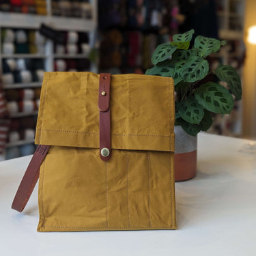 Hide & Hammer | Large 03 Project Bag | Premium Knitting Bag , Color: Mustard + Brown Straps, This canvas and leather knitting bag perfectly combines form and function. Its internal pockets are great for a sweater but not so bulky that you lose a shawl., K