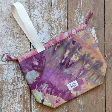 Ice Dyed Project Bags - Large with unique ice dyed cotton design placed on a wooden surface, featuring the Jose Rose label.