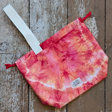 Ice Dyed Project Bags - Large with unique red and orange cotton design, featuring a handle and interior pockets for crafting organization.