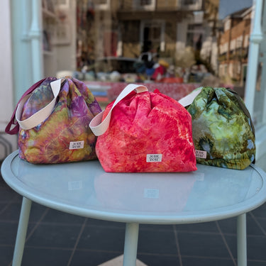 Colorful Ice Dyed Project Bags - XLarge by Jose Rose, displayed on a table, perfect for crafts with structured, lined interiors.