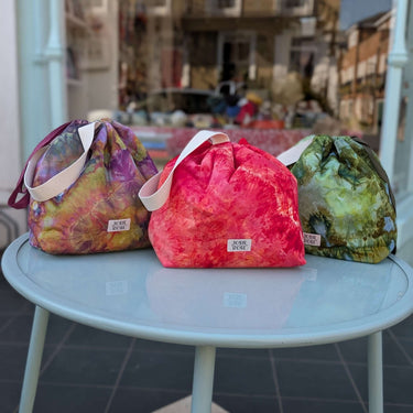 Colorful Ice Dyed Project Bags - XLarge by Jose Rose, displayed on a table, perfect for crafts with structured, lined interiors.