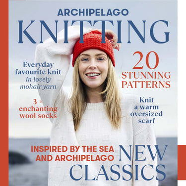 Archipelago Knitting pre-order featuring 20 stunning patterns, warm oversized scarf, and enchanting wool socks.