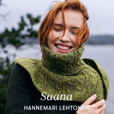 Woman wearing green knitted scarf outdoors, Archipelago Knitting