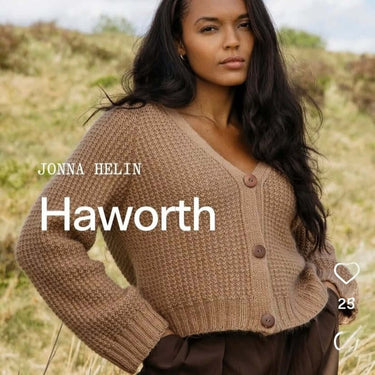 Woman modeling Jonna Helin's Haworth cardigan made from Laine x Novita DK in a natural environment.