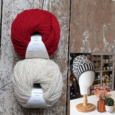 Wolfie Hat Kit | Colourwork Knitting Kit, Colour: Festive Kit 2 - Pavot/Poivre Blanc, Knitted hat kit, includes Ulysse Merino yarn and knitting pattern. A great knitting kit if you want to make your own wooly hat, a knitting hat kit at its best. , Knit Wi
