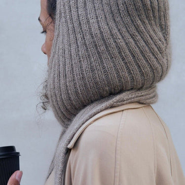 Alex Hood Kit knitted in KFO Merino and Soft Silk Mohair, hood worn up, at Knit With Me yarn shop