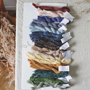 Selection of Alice | De Rerum Natura yarns showcasing colors and textures, including a button detail.