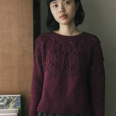 Model wearing a top-down sweater featured in Amirisu Assemblage Vol. 2, showcasing intricate knit design.