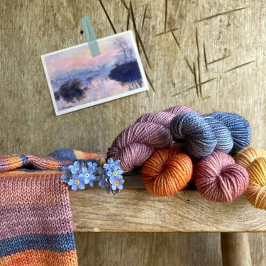 Hand-Dyed Monet Mini Skeins – Perfect for Knitting Gifts, Color: Sunset on the Sein, Celebrate art with Monet-inspired mini skeins! Ainsworth & Prin’s hand-dyed merino yarn is perfect for knitting socks, mittens, and accessories., Knit With Me