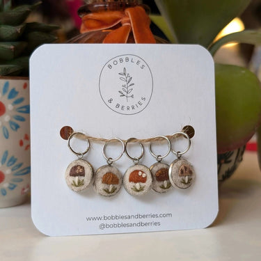 Bobbles & Berries | Stitch Marker Set | Hand-Embroidered Art, Style: Five Fun Guys, Discover Bobbles & Berries hand-embroidered stitch markers, inspired by Scottish nature. Lightweight, smooth, and perfect for mindful, snag-free knitting., Knit With Me