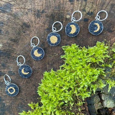 Bobbles & Berries | Stitch Marker Set | Hand-Embroidered Art, Style: Moon Phases Gold, Discover Bobbles & Berries hand-embroidered stitch markers, inspired by Scottish nature. Lightweight, smooth, and perfect for mindful, snag-free knitting., Knit With Me
