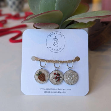 Bobbles & Berries | Stitch Marker Set | Hand-Embroidered Art, Style: Winter Hedgerow, Discover Bobbles & Berries hand-embroidered stitch markers, inspired by Scottish nature. Lightweight, smooth, and perfect for mindful, snag-free knitting., Knit With Me