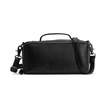 Black duffel bag with shoulder straps on a white background