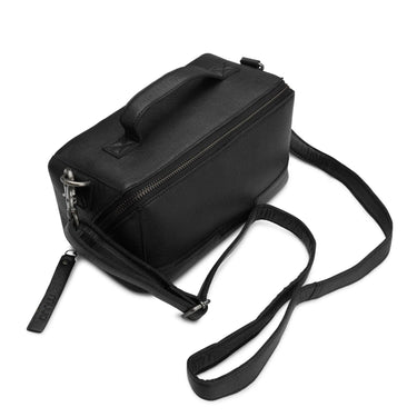Black crossbody bag with a strap on a white background