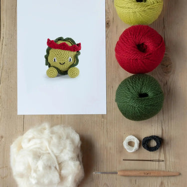 TOFT | Brussels Sprout Kit | Amigurumi Veg Crochet, , Crochet your own Brussels sprout with TOFT’s veggie kit! Includes DK wool, festive crown & eco stuffing—fun UK gift for crochet lovers., Knit With Me