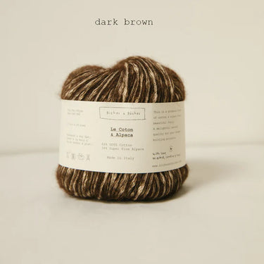 Dark brown Le Coton & Alpaca yarn ball with cotton and alpaca blend for knitting, perfect for spring and autumn projects.