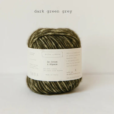 Le Coton & Alpaca yarn in dark green grey, 66% GOTS cotton, 34% Super Fine Alpaca, perfect for spring and autumn knitting.