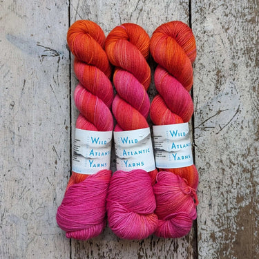 Wild Atlantic| Emer | Organic Merino Wool, Colour: Firerose, Emer is a beautifully squishable organic merino wool. This fine base is wonderfully soft, making it the perfect match for next to skin garments and accessories. 4-ply/fingering weight 100g/400m.