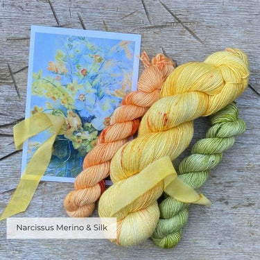 Narcissus Merino & Silk yarn set with hand-dyed ribbon, part of Ainsworth & Prin's flower-themed Yarn Knitting kits.