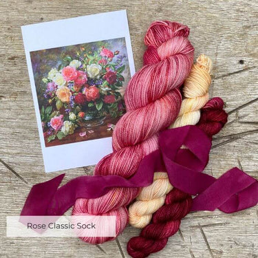 Yarn Knitting kits featuring Ainsworth & Prin Classic Sock Flower yarns with a rose theme and hand-dyed silk ribbon.