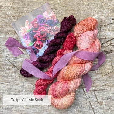 Flower Yarn Knitting Kits with Tulips Classic Sock from Ainsworth & Prin, featuring hand-dyed silk ribbon and seasonal colors.