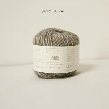 Le Coton & Alpaca grey brown yarn ball, 66% GOTS cotton, 34% super fine Alpaca, soft and ideal for spring knitting projects.