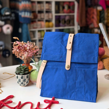 Hide & Hammer | Large 03 Project Bag | Premium Knitting Bag , Color: Electric Blue + Nude Straps, This canvas and leather knitting bag perfectly combines form and function. Its internal pockets are great for a sweater but not so bulky that you lose a shaw