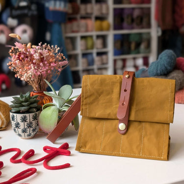 Hide & Hammer | #08 Project Bag | Stylish Storage on the Go, Color: Mustard + Brown Straps, Roll-top canvas & leather knitting bag with pockets & handle. Knit on the go with adjustable storage, removable straps, and handcrafted UK quality., Knit With Me