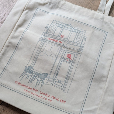 Knit With Me 100% Cotton Tote Bag in Multi Blue + Red option at Knit With Me yarn shop