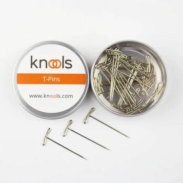 Knools | Blocking T-Pins | 30 Nickel Pins in Tin, , Secure your knits with Knools T-Pins—ideal for blocking crochet and knitting projects. Includes 30 nickel-plated pins in a reusable storage tin., Knit With Me