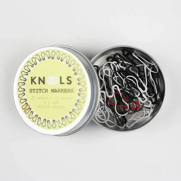 Knools Stitch Markers tin with 50 colorful metal stitch markers, perfect for knitting and crocheting projects.