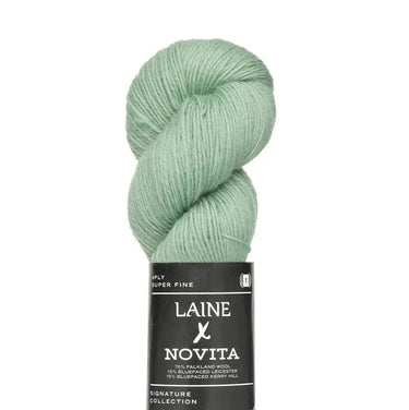 Green skein of yarn with a Laine Novita label on a white background
