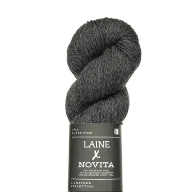 Gray skein of yarn with Laine Novita label on a white background