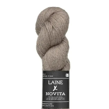 Gray skein of yarn with a Novita label on a white background