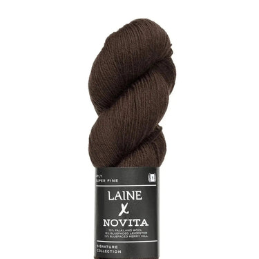 Brown skein of yarn with Laine Novita label on a white background